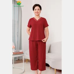 Thumbnail Bộ lanh trung niên mặc mùa hè Việt Thắng quần lửng, áo cộc tay cổ V thêu họa tiết - B26.5093 4