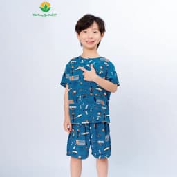 Thumbnail Bộ mặc nhà bé trai chất Lanh thời trang Việt Thắng quần đùi áo cộc tay cổ tròn họa tiết - B63.5002 4
