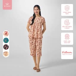 Thumbnail Bộ mặc nhà nữ WINNY kiểu cộc tay quần ngố chất lanh mềm mát mùa hè 2MNLA23023N 1