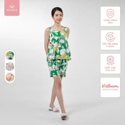 Thumbnail Bộ mặc nhà nữ WINNY kiểu hai dây quần đùi chất lanh mát 2MNLA23050H 1