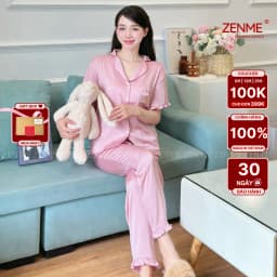 Thumbnail Bộ Ngủ Pijama Viền Bèo Cộc Dài  Lụa Cao Cấp ZENME Bộ Mặc Nhà Nữ Lụa Latin Form Rộng PJVB0924 1