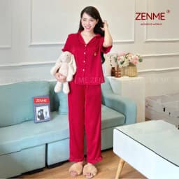 Thumbnail Bộ Ngủ Pijama Viền Bèo Cộc Dài  Lụa Cao Cấp ZENME Bộ Mặc Nhà Nữ Lụa Latin Form Rộng PJVB0924 4