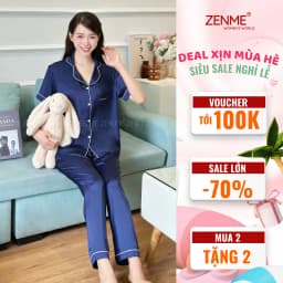 Thumbnail Bộ Ngủ Pijama ZENME Lụa Latin Cao Cấp Mặc Nhà Nữ Tay Ngắn Quần Dài Xanh Than PJD0322 2