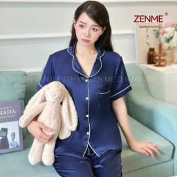 Thumbnail Bộ Ngủ Pijama ZENME Lụa Latin Cao Cấp Mặc Nhà Nữ Tay Ngắn Quần Dài Xanh Than PJD0322 4