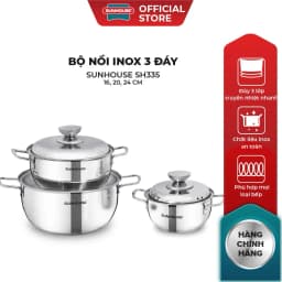 Thumbnail Bộ nồi Inox 3 đáy Sunhouse SH335 size 16cm-20cm-24cm - Đáy từ dùng mọi loại bếp - 3 lớp đáy - Hàng chính hãng 1