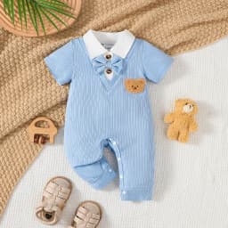 Thumbnail Bộ đồ liền thân 2 trong 1 mùa hè Dapper cho bé trai 1-18 tháng: Họa tiết gân tay ngắn với họa tiết thêu gấu hoạt hình – Đóng cửa Snaps & Phong cách Gent đáng yêu 3