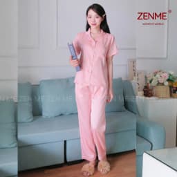 Thumbnail Bộ đồ ngủ Pijama nữ ZENME Tay ngắn Quần Dài Mùa Hè Lụa Vân Gỗ Ánh Kim PJD0225 3