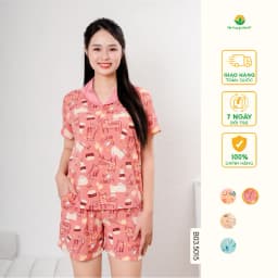 Thumbnail Bộ Pijama Mặc Nhà Chất Lanh Tole Nữ Việt Thắng, Bộ Ngủ Áo Cộc Quần Đùi Họa Tiết B03.5015 1