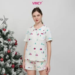 Thumbnail Bộ pijama short chất kate cổ lá sen, họa tiết cho Noel BSK050W33 2