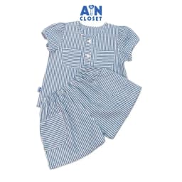Thumbnail Bộ quần áo ngắn bé gái họa tiết Kẻ sọc xanh linen cotton - AICDBGKTI3OG - AIN Closet 1