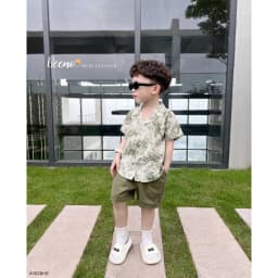 Thumbnail Bộ sơmi cổ V Summer cho bé trai Beemo Chất liệu thô hoạ tiết in lá, kết hợp cùng kaki hàn siêu đẹp B488 2