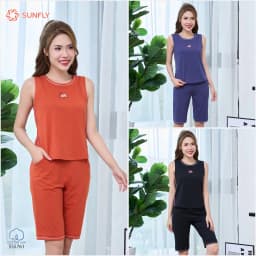 Thumbnail Bộ thể thao nữ SUNFLY chất cotton USA dáng áo sát nách quần ngố SS5761 2
