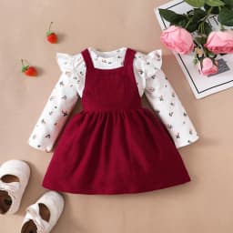 Thumbnail Bộ Váy Cho Bé Mikroo Baju Cho Bé Gái 0-24 Tháng 2PICS Cotton-Polyester Phối Vải In Hoa Body + Đầm Công Chúa Màu Đỏ Trơn Mặc Thường Ngày 2