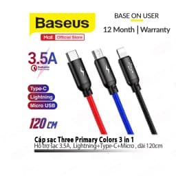 Thumbnail Cáp sạc 3in1 Baseus Three Primary Colors dùng cho Smartphone/Android/IP10/11/12 sạc nhanh 3.5A, dài 30cm/120cm 1
