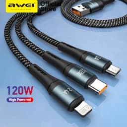 Thumbnail Cáp sạc nhanh Awei CL-972 3 trong 1USB sang M + C + L Type C Sạc siêu nhanh 120W 1.2M Nylon Bradied 1