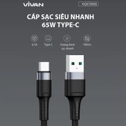 Thumbnail Cáp sạc siêu nhanh VIVAN VQC100S ĐEN Type-C, Công Suất 65W - Phiên Bản Nâng Cấp - HÀNG CHÍNH HÃNG 1