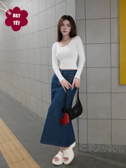 Thumbnail Chân váy denim jean bò dáng dài chữ A lưng cao phong cách Hàn Quốc TiQi Jeans V1-255 2