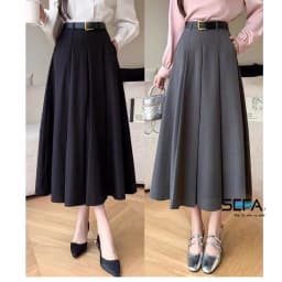 Thumbnail Chân váy xoè công sở SEFA dáng A dài midi xếp ly may chiết eo kèm đai chất liệu kate xước cao cấp 1