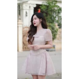 Thumbnail Đầm đè dây nơ ngực, nhún sườn họa tiết 1R07.2503OG, váy tơ mềm chiết eo dáng xòe bồng nữ tính đáng yêu thiết kế bởi JM 4