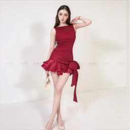 Thumbnail Đầm đỏ đô dự tiệc MINA hở lưng dáng xoè ngắn chất Cotton Nhật phối Lụa MN302 2