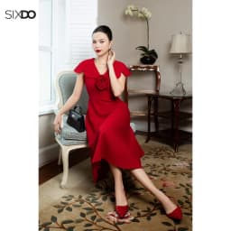 Thumbnail Đầm đỏ xòe cổ tim phối hoa SIXDO (Red Woven Flared Dress With Flower) 1