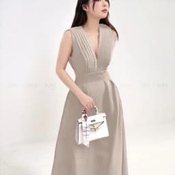 Thumbnail Đầm dự tiệc MINA dáng xoè midi cổ chữ V xếp ly ngực sát nách màu nude da sang trọng quyến rũ xinh đẹp MN182 2