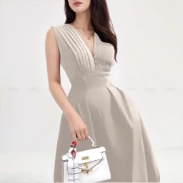 Thumbnail Đầm dự tiệc MINA dáng xoè midi cổ chữ V xếp ly ngực sát nách màu nude da sang trọng quyến rũ xinh đẹp MN182 3