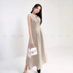 Thumbnail Đầm dự tiệc MINA dáng xoè midi cổ chữ V xếp ly ngực sát nách màu nude da sang trọng quyến rũ xinh đẹp MN182 4