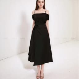 Thumbnail Đầm dự tiệc MINA hai dây trễ vai dáng xoè vạt chéo midi chất Cotton phối thun Lazong màu đen MN250 1