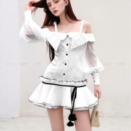 Thumbnail Đầm dự tiệc MINA tay dài dáng xoè cách điệu xinh đẹp chất Taffta phối Tơ lụa màu trắng MN306 1