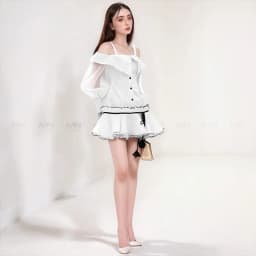 Thumbnail Đầm dự tiệc MINA tay dài dáng xoè cách điệu xinh đẹp chất Taffta phối Tơ lụa màu trắng MN306 4