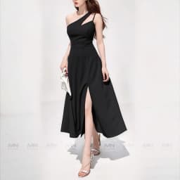 Thumbnail Đầm dự tiệc MINA xẻ đùi midi xoè màu đen thiết kế chéo vai chất liệu Cotton lạnh mịn quyến rũ MN188 1