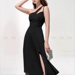 Thumbnail Đầm dự tiệc MINA xẻ đùi midi xoè màu đen thiết kế chéo vai chất liệu Cotton lạnh mịn quyến rũ MN188 2