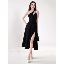 Thumbnail Đầm dự tiệc MINA xẻ đùi midi xoè màu đen thiết kế chéo vai chất liệu Cotton lạnh mịn quyến rũ MN188 3