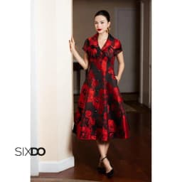 Thumbnail Đầm gấm đen hoa đỏ dáng xòe ngắn tay SIXDO (Black Brocade Flared Dress) 3