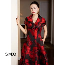 Thumbnail Đầm gấm đen hoa đỏ dáng xòe ngắn tay SIXDO (Black Brocade Flared Dress) 4