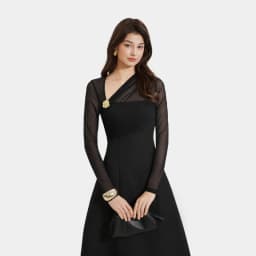 Thumbnail Đầm Kiểu Nữ MARC FASHION Form A Tay Dài Phối Lưới Thun Cài Hoa - FASH111924 1