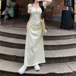 Thumbnail Đầm Lovito hoa nhí xếp nếp giả hai lớp có nút phong cách thường ngày cho nữ L98AD144 1