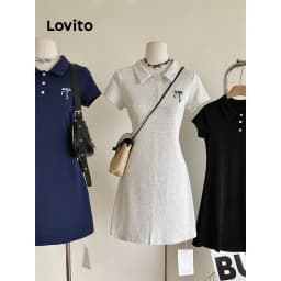 Thumbnail Đầm Lovito phối nơ màu trơn phong cách thường ngày cho nữ LNM68129 3