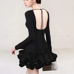 Thumbnail Đầm ôm body dài tay MINA thiết kế hở lưng chất Cotton Nhật phối Taffta màu đen - MN299 4