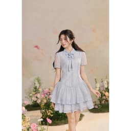 Thumbnail Đầm phối cổ nơ, chân nhún tầng họa tiết 1R09.2503OG, váy đầm cổ sơ mi xòe tầng bồng nữ tính thanh lịch thiết kế bởi JM 2