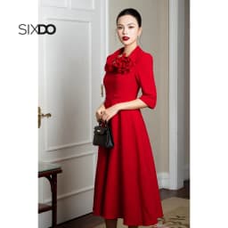 Thumbnail Đầm woven đỏ dáng xòe phối hoa 3D SIXDO (Red Woven Flared Dress With Flower) 1