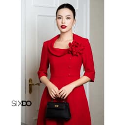 Thumbnail Đầm woven đỏ dáng xòe phối hoa 3D SIXDO (Red Woven Flared Dress With Flower) 2