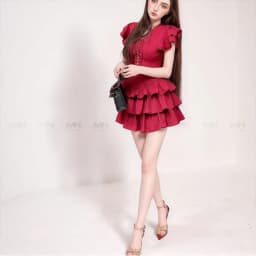 Thumbnail Đầm xoè tầng MINA dự tiệc chất Cotton màu đỏ đô thiết kế quyến rũ trẻ trung MN307 4