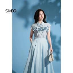 Thumbnail Đầm xoè xanh cổ đức phối hoa 3D SIXDO (Light Blue 3D Flower Organza Flared Dress) 2