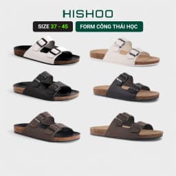 Thumbnail Dép đế trấu birken unisex da bò nam nữ MẶT ĐEN 2 khóa quai ngang size 37 - 45 chính hãng Hishoo M093 1