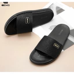 Thumbnail DéP Nam GEMIS quai ngang dép da màu đen khâu quai cao 2.5cm Slipper Đế Bằng Cao Su 3
