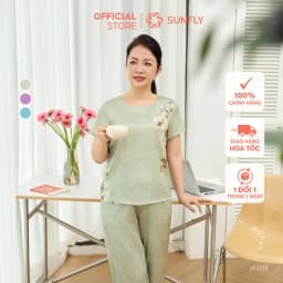 Thumbnail Đồ bộ mặc nhà nữ lụa satin jacquard SUNFLY áo cộc quần dài SP2215, bộ lụa trung niên mềm mịn 1