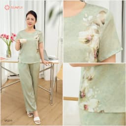 Thumbnail Đồ bộ mặc nhà nữ lụa satin jacquard SUNFLY áo cộc quần dài SP2215, bộ lụa trung niên mềm mịn 4