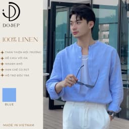 Thumbnail DODEP Áo sơmi nam 100% linen premium tay dài cổ trụ màu xanh biển 1